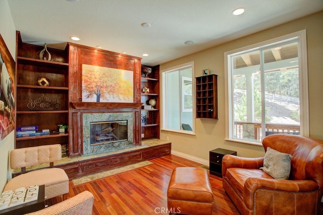32557 Pine Cone Ct Unit A & B, Running Springs, CA 92382 - living area featuring a premium fireplace, wood finished floors, baseboards, and recessed lighting