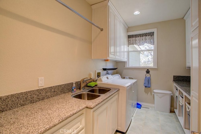 32557 Pine Cone Ct Unit A & B, Running Springs, CA 92382 - washroom featuring cabinet space, washing machine and clothes dryer, baseboards, light tile patterned floors, and recessed lighting