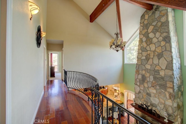 32557 Pine Cone Ct Unit A & B, Running Springs, CA 92382 - hall featuring a chandelier, high vaulted ceiling, beam ceiling, healthy amount of natural light, and wood finished floors
