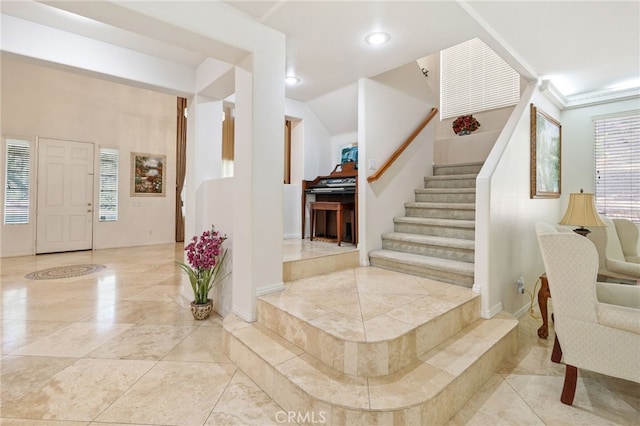 12830 Wildflower Ln, Riverside, CA 92503 - tiled foyer entrance with stairway, baseboards, and recessed lighting