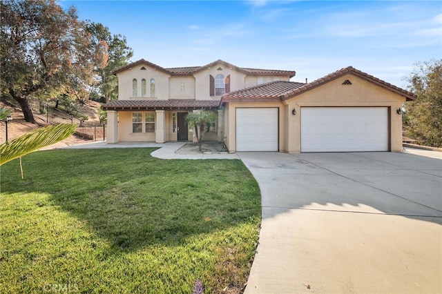 12830 Wildflower Ln, Riverside, CA 92503 - mediterranean / spanish-style home with an attached garage, concrete driveway, stucco siding, a front yard, and a tiled roof