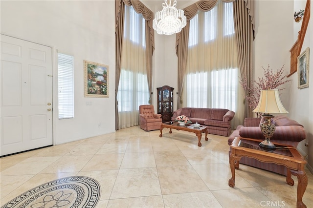 12830 Wildflower Ln, Riverside, CA 92503 - entryway with a high ceiling, a chandelier, and tile patterned flooring