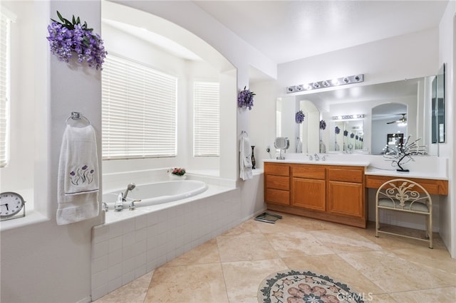 12830 Wildflower Ln, Riverside, CA 92503 - full bath with vanity, a garden tub, tile patterned floors, and a ceiling fan