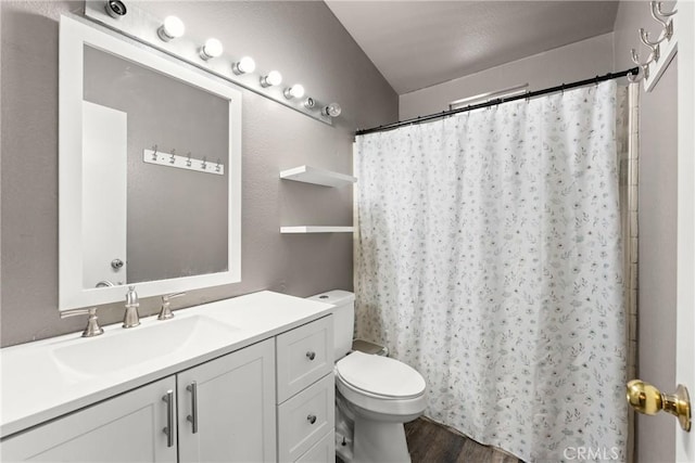 1149 Cochise Ct, Vista, CA 92084 - bathroom with toilet, vanity, wood finished floors, and curtained shower