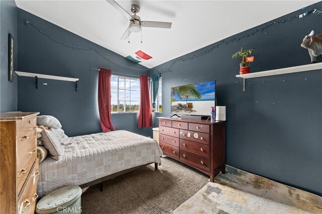 1149 Cochise Ct, Vista, CA 92084 - carpeted bedroom featuring vaulted ceiling and ceiling fan