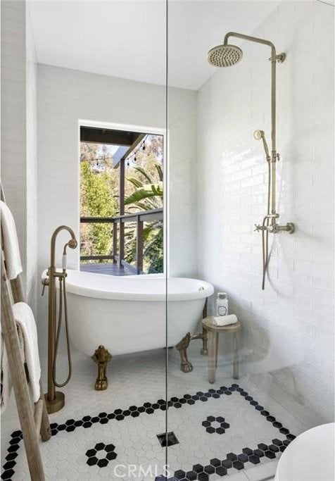 2376 Lake View Ave, Los Angeles, CA 90039 - full bath with a tile shower, a freestanding tub, and tile patterned floors