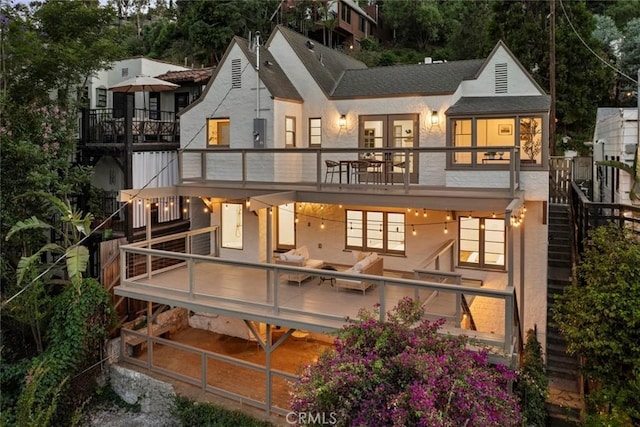 2376 Lake View Ave, Los Angeles, CA 90039 - back of house featuring stucco siding, french doors, a balcony, stairs, and a shingled roof