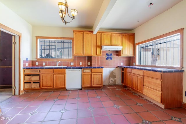 332 N St Louis St, Los Angeles, CA 90033 - kitchen with white dishwasher, under cabinet range hood, backsplash, a sink, and a chandelier