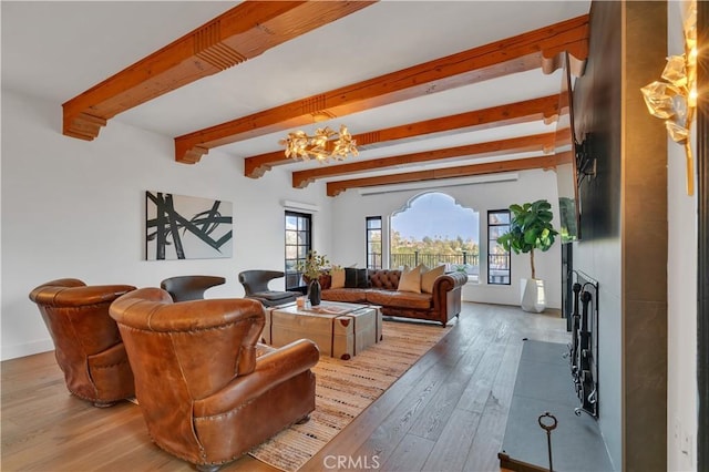 1812 Linda Vista Ave, Pasadena, CA 91103 - living area with hardwood / wood-style floors, a chandelier, beam ceiling, and baseboards