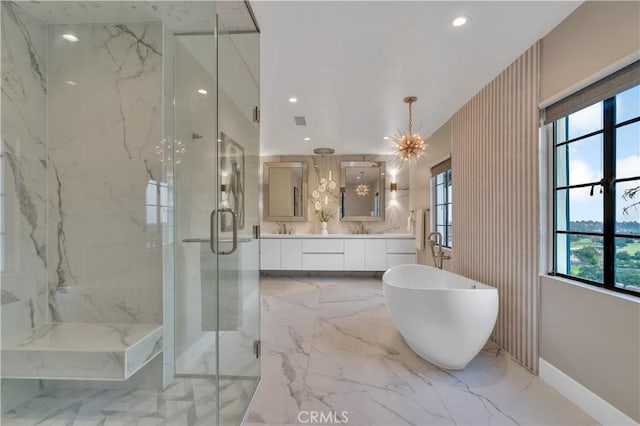 1812 Linda Vista Ave, Pasadena, CA 91103 - bathroom with a marble finish shower, double vanity, a freestanding tub, marble tiled flooring, and recessed lighting