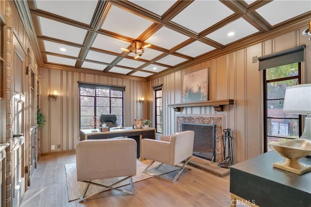1812 Linda Vista Ave, Pasadena, CA 91103 - home office featuring ornamental molding, a fireplace with raised hearth, a decorative wall, light wood-type flooring, and coffered ceiling