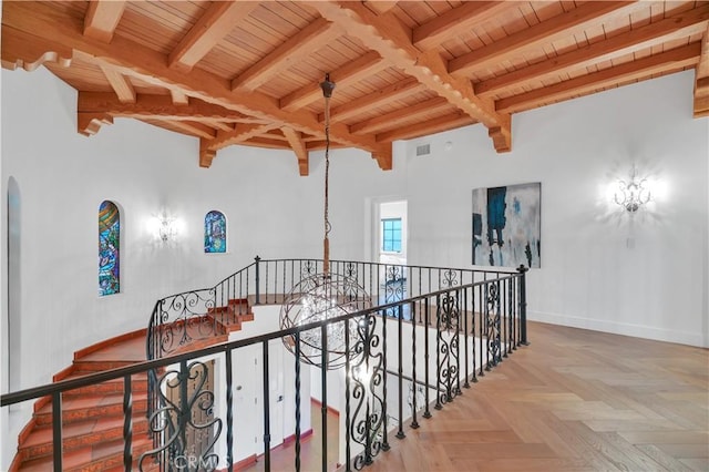1812 Linda Vista Ave, Pasadena, CA 91103 - corridor with wooden ceiling with exposed beams, baseboards, and an upstairs landing