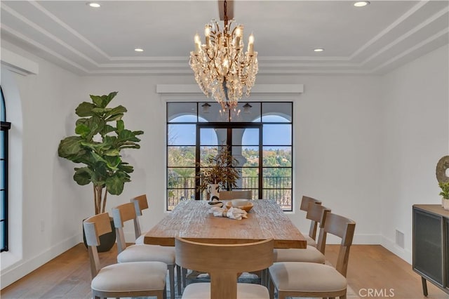 1812 Linda Vista Ave, Pasadena, CA 91103 - dining area with a raised ceiling, a chandelier, light wood-style flooring, recessed lighting, and baseboards