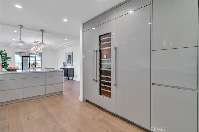 1812 Linda Vista Ave, Pasadena, CA 91103 - kitchen featuring light wood-style floors, modern cabinets, recessed lighting, baseboards, and a chandelier
