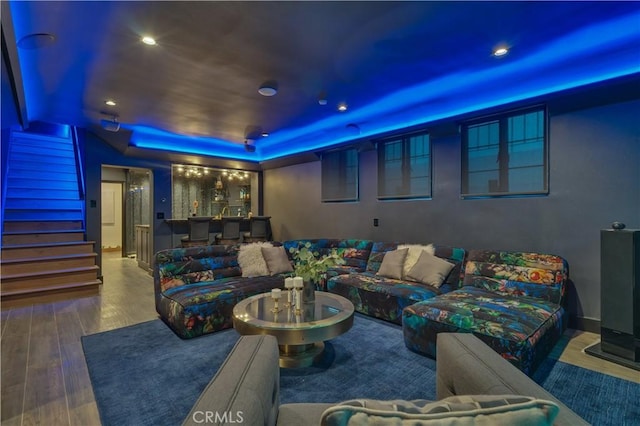1812 Linda Vista Ave, Pasadena, CA 91103 - home theater featuring a raised ceiling, wood finished floors, and recessed lighting