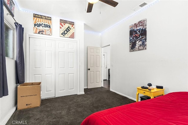 4930 Contentment Ln, Forest Ranch, CA 95942 - carpeted bedroom featuring baseboards, a closet, a ceiling fan, and ornamental molding
