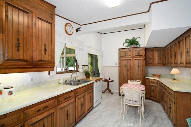 3935 Oakfield Dr, Sherman Oaks, CA 91423 - kitchen with a sink, dishwasher, brown cabinets, light countertops, and light marble finish floors