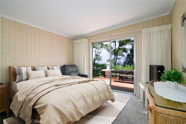 3935 Oakfield Dr, Sherman Oaks, CA 91423 - bedroom with wallpapered walls, access to outside, ornamental molding, and carpet flooring
