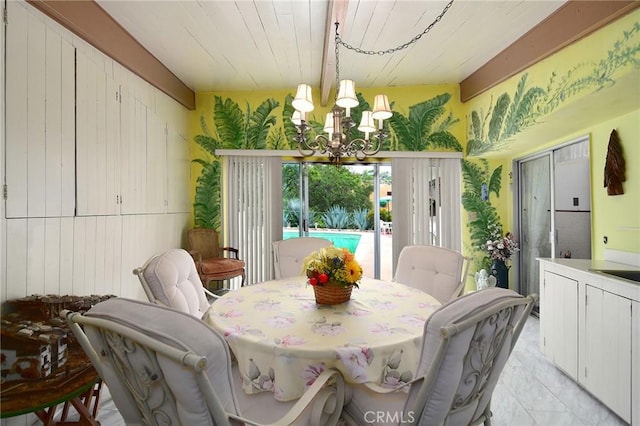3935 Oakfield Dr, Sherman Oaks, CA 91423 - dining area with a chandelier, light marble finish flooring, wooden ceiling, and wooden walls