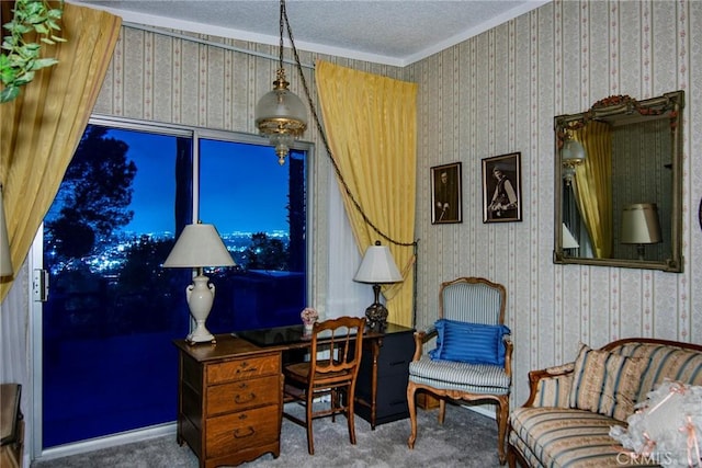 3935 Oakfield Dr, Sherman Oaks, CA 91423 - home office with ornamental molding, carpet floors, a textured ceiling, and wallpapered walls