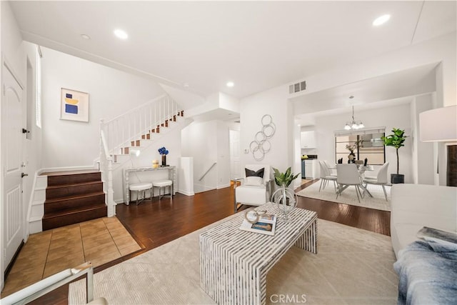 879 Michigan Blvd Unit B, Pasadena, CA 91107 - living area featuring stairway, wood finished floors, a chandelier, and recessed lighting