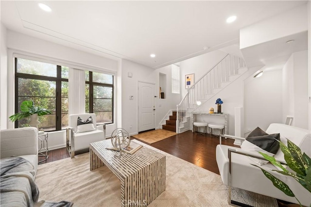879 Michigan Blvd Unit B, Pasadena, CA 91107 - living area with stairway, wood finished floors, and recessed lighting