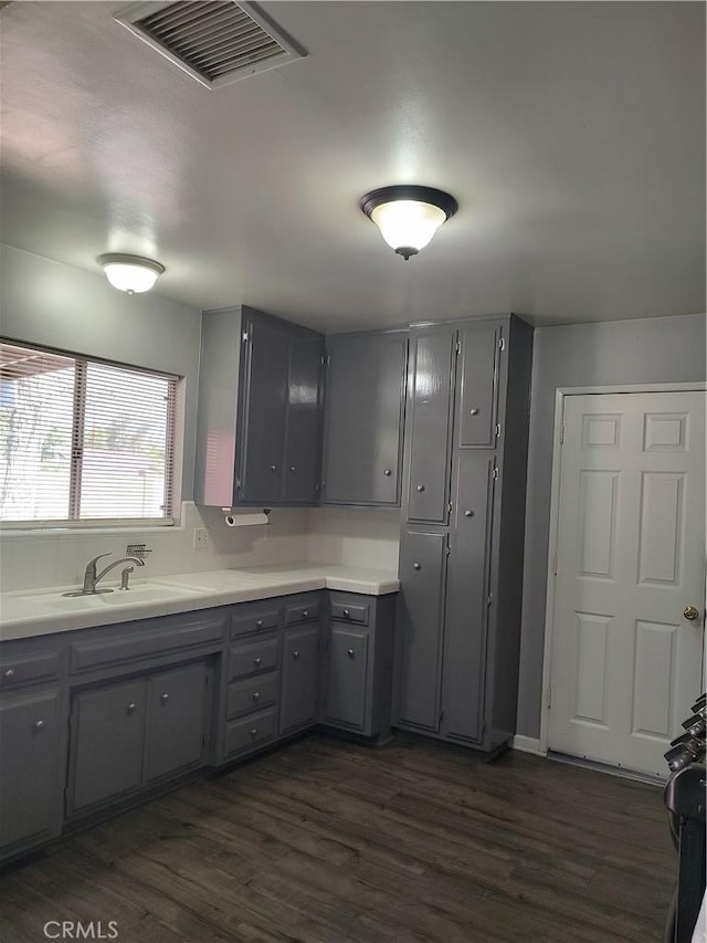 7870 Hopi Trl, Yucca Valley, CA 92284 - kitchen with gray cabinets, dark wood-type flooring, and light countertops