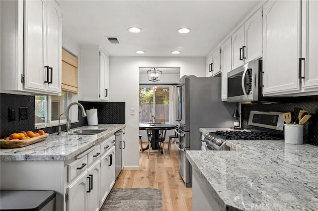 13 Noyo Ct, Chico, CA 95973 - kitchen with appliances with stainless steel finishes, a sink, backsplash, white cabinets, and recessed lighting