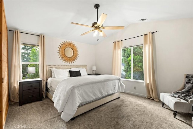 13 Noyo Ct, Chico, CA 95973 - bedroom featuring multiple windows, light colored carpet, lofted ceiling, and a ceiling fan