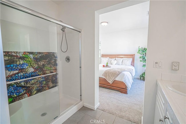 21836 Moveo Dr, Saugus, CA 91350 - bathroom with a stall shower, tile patterned flooring, and vanity
