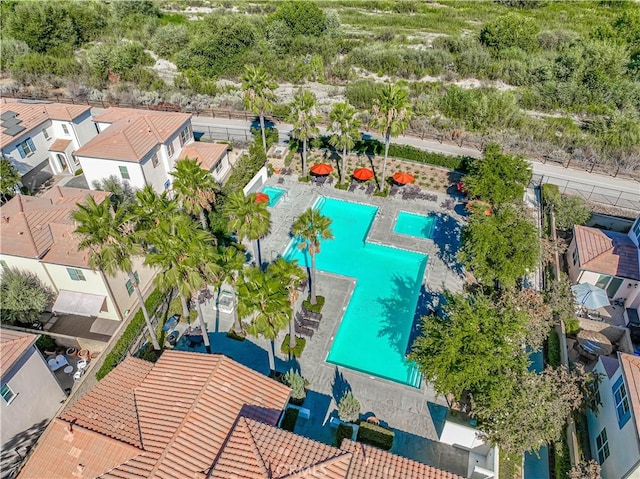 21836 Moveo Dr, Saugus, CA 91350 - aerial perspective of suburban area with a pool area