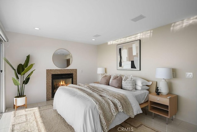 1119 Katella St, Laguna Beach, CA 92651 - tiled bedroom with a tile fireplace and recessed lighting