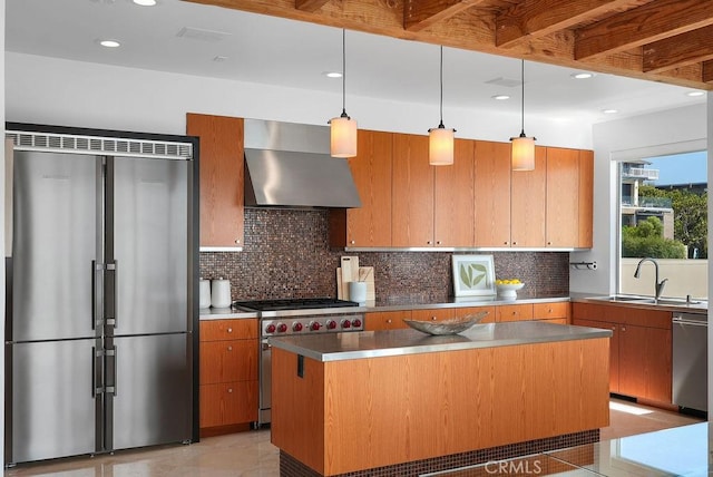 1119 Katella St, Laguna Beach, CA 92651 - kitchen featuring premium appliances, wall chimney range hood, a sink, tasteful backsplash, and a kitchen island