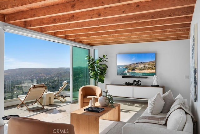 1119 Katella St, Laguna Beach, CA 92651 - tiled living area with beam ceiling and a wall of windows