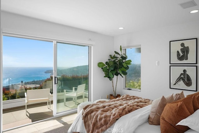 1119 Katella St, Laguna Beach, CA 92651 - bedroom with access to outside, a water view, and recessed lighting