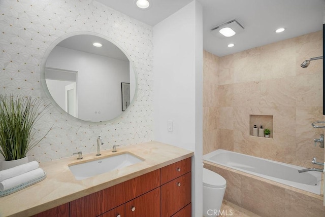 1119 Katella St, Laguna Beach, CA 92651 - bathroom with vanity, shower / washtub combination, toilet, and recessed lighting