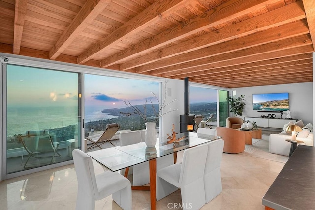 1119 Katella St, Laguna Beach, CA 92651 - sunroom with a wood stove and beamed ceiling