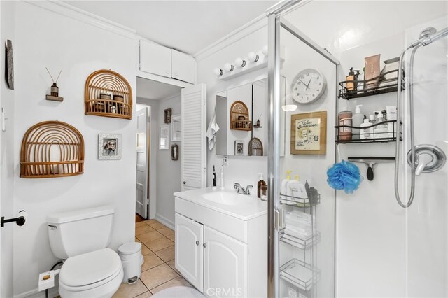 2468 Silverstrand Ave, Hermosa Beach, CA 90254 - bathroom with vanity, tile patterned floors, an enclosed shower, and crown molding