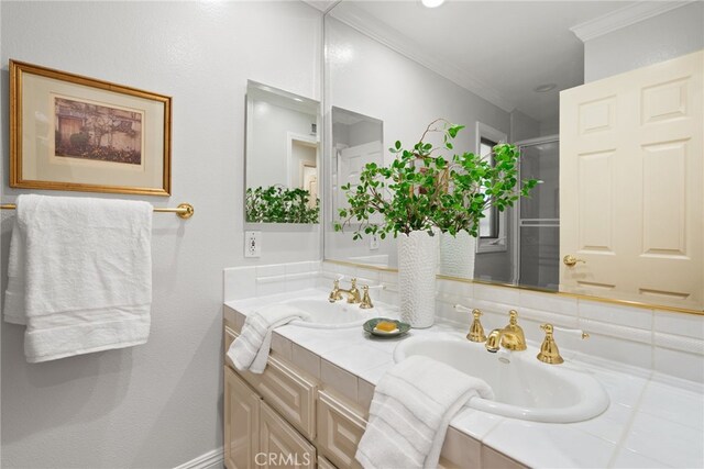 1162 Castlegate, North Tustin, CA 92705 - bathroom featuring double vanity, a shower with door, and ornamental molding