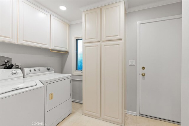 1162 Castlegate, North Tustin, CA 92705 - washroom with washing machine and dryer, ornamental molding, cabinet space, and recessed lighting