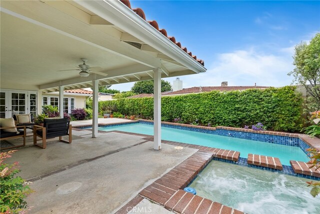 1162 Castlegate, North Tustin, CA 92705 - view of swimming pool with a ceiling fan, a patio, french doors, and a pool with connected hot tub
