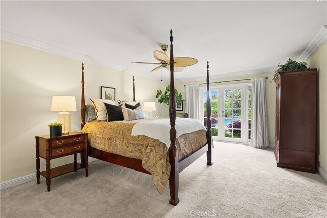 1162 Castlegate, North Tustin, CA 92705 - bedroom with ornamental molding, light colored carpet, access to exterior, baseboards, and ceiling fan