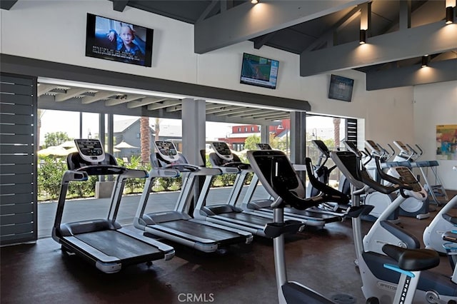 78 Patria, Rancho Mission Viejo, CA 92694 - workout area featuring beamed ceiling and high vaulted ceiling