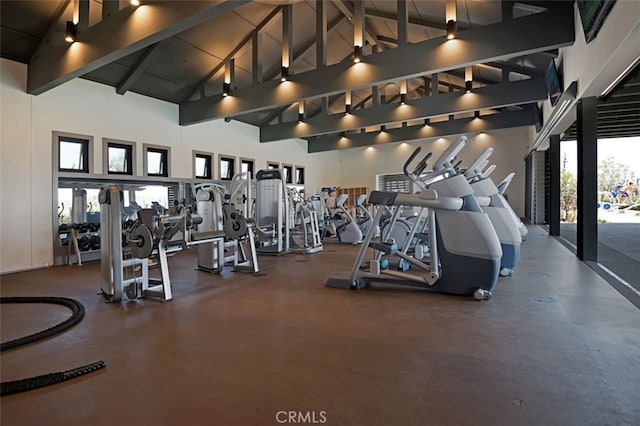 78 Patria, Rancho Mission Viejo, CA 92694 - workout area with high vaulted ceiling and beamed ceiling