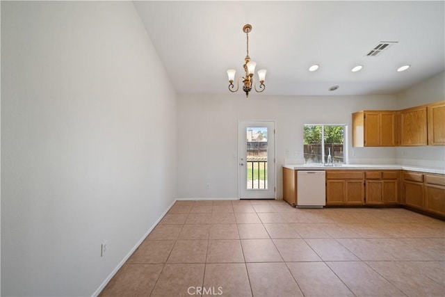 26577 Trumble Rd, Menifee, CA 92585 - kitchen with white dishwasher, a chandelier, light countertops, light tile patterned floors, and hanging light fixtures
