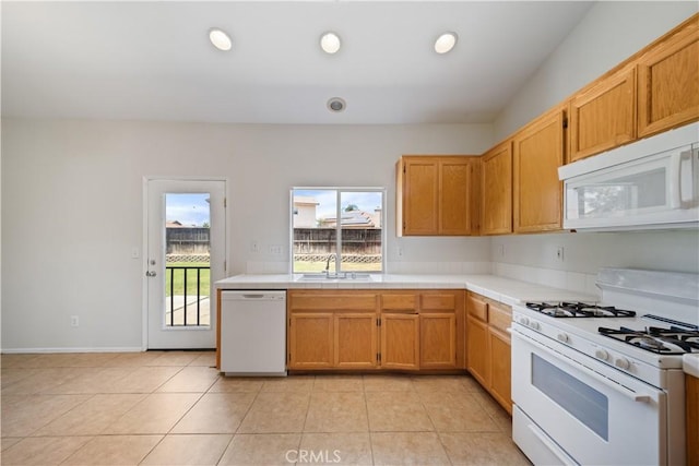 26577 Trumble Rd, Menifee, CA 92585 - kitchen with white appliances, tile countertops, light tile patterned flooring, and recessed lighting