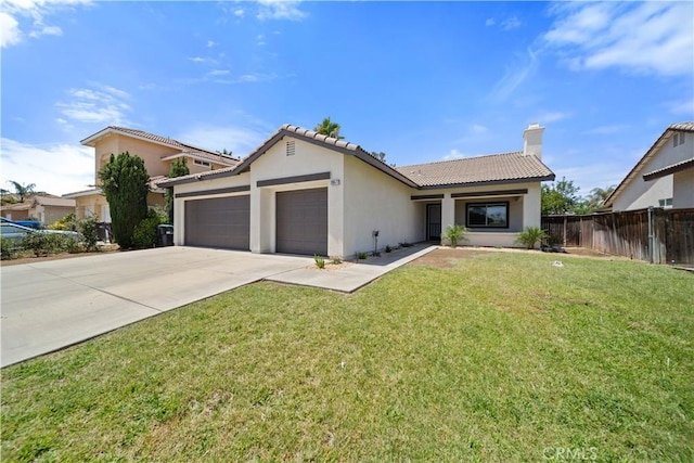 26577 Trumble Rd, Menifee, CA 92585 - ranch-style house with an attached garage, stucco siding, a tile roof, driveway, and a chimney