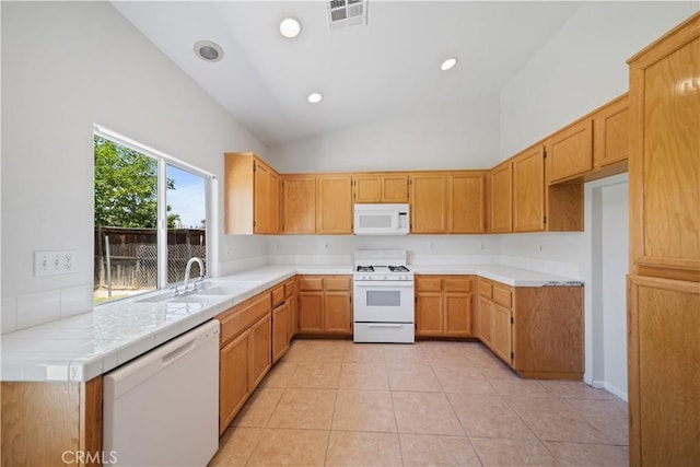 26577 Trumble Rd, Menifee, CA 92585 - kitchen featuring white appliances, high vaulted ceiling, light tile patterned flooring, and recessed lighting