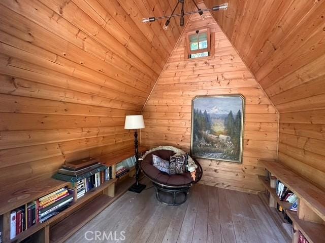 41141 Oak Dr, Forest Falls, CA 92339 - additional living space with lofted ceiling, wood ceiling, wood-type flooring, and wooden walls