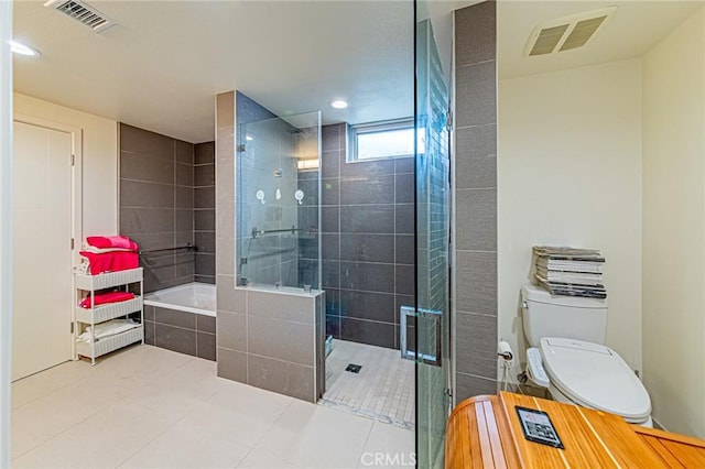 4813 Oakwood Ave Unit 201, Los Angeles, CA 90004 - bathroom with tile patterned flooring, a tile shower, a bath, and recessed lighting